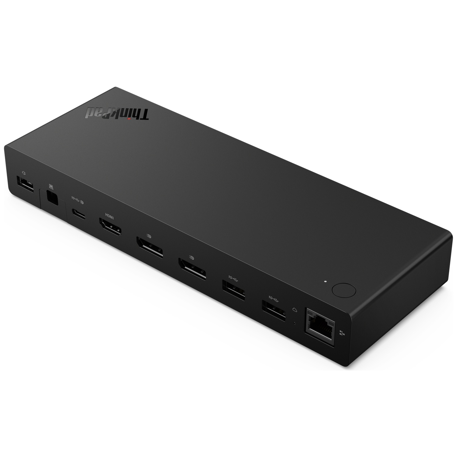 Station d'accueil ThinkPad noire dotée de plusieurs ports dont USB, HDMI et Ethernet.