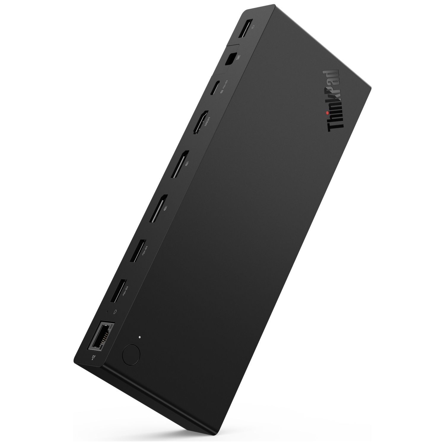 Station d'accueil noire Lenovo ThinkPad avec divers ports sur fond blanc.