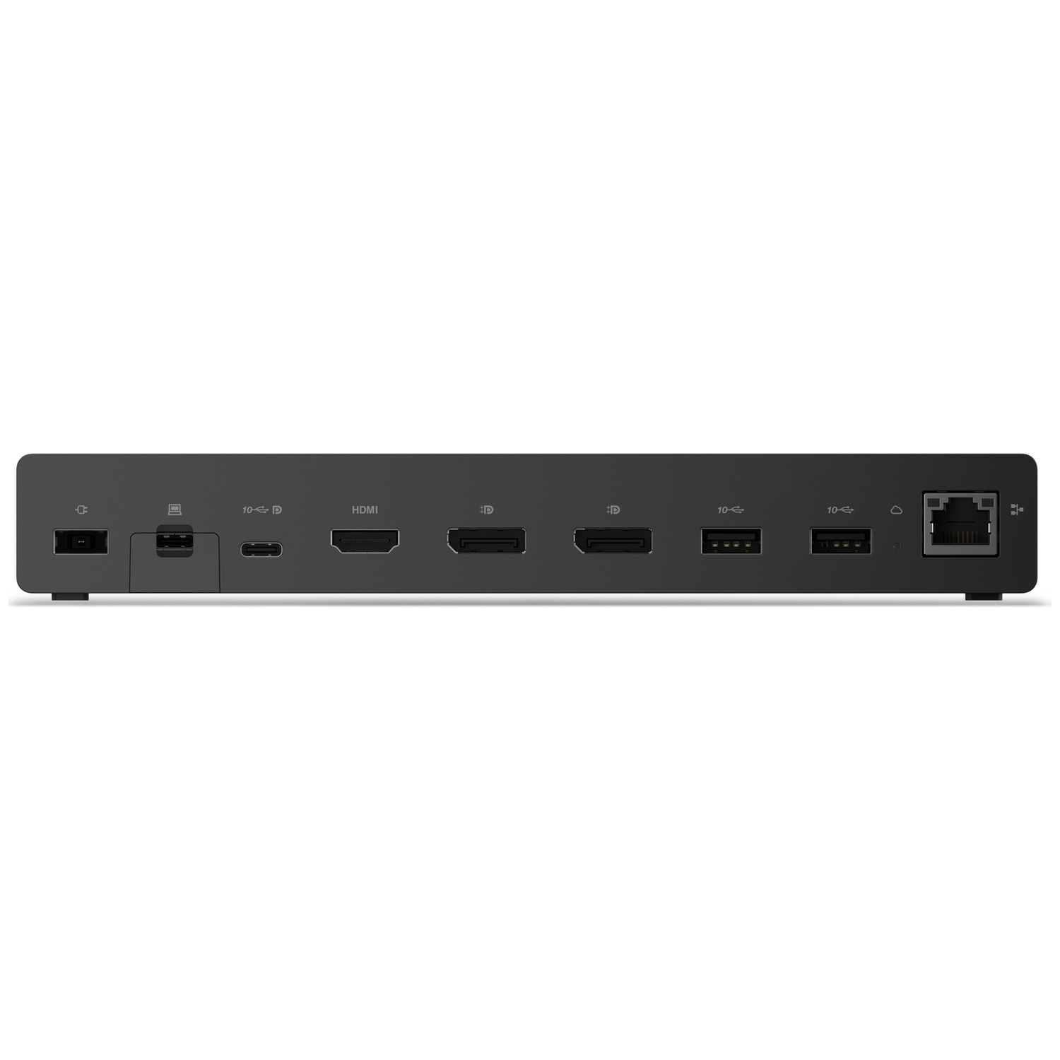 Le panneau arrière d'une station d'accueil noire avec des ports USB, HDMI, DisplayPort et Ethernet.