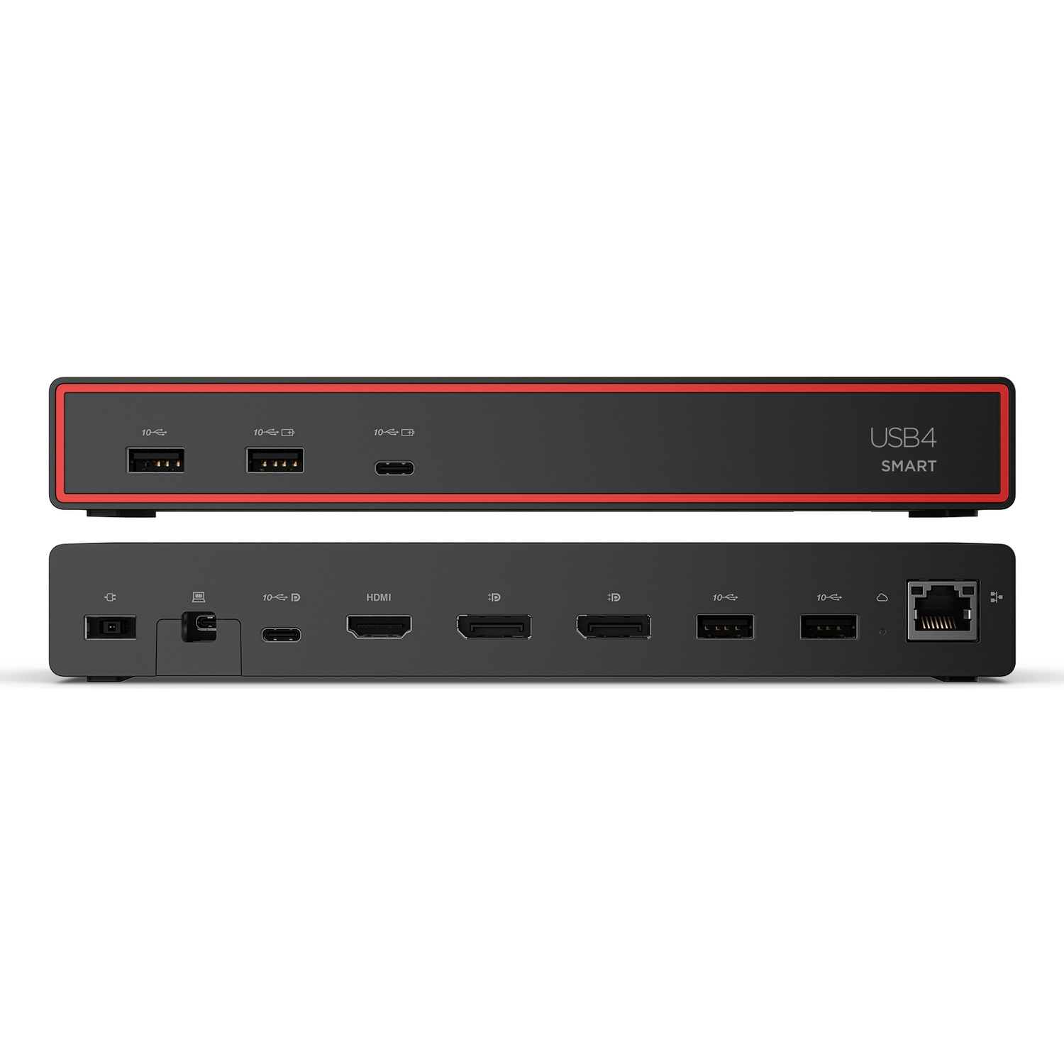 Vues avant et arrière d'une station d'accueil USB4 SMART avec divers ports.