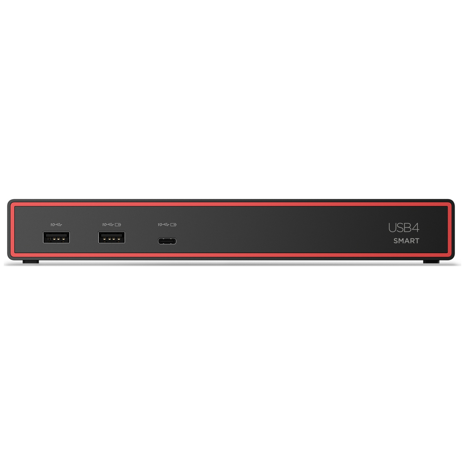 Panneau avant de station d'accueil USB4 Smart noire avec deux ports USB-A, un port USB-C et liseré rouge sur fond blanc.