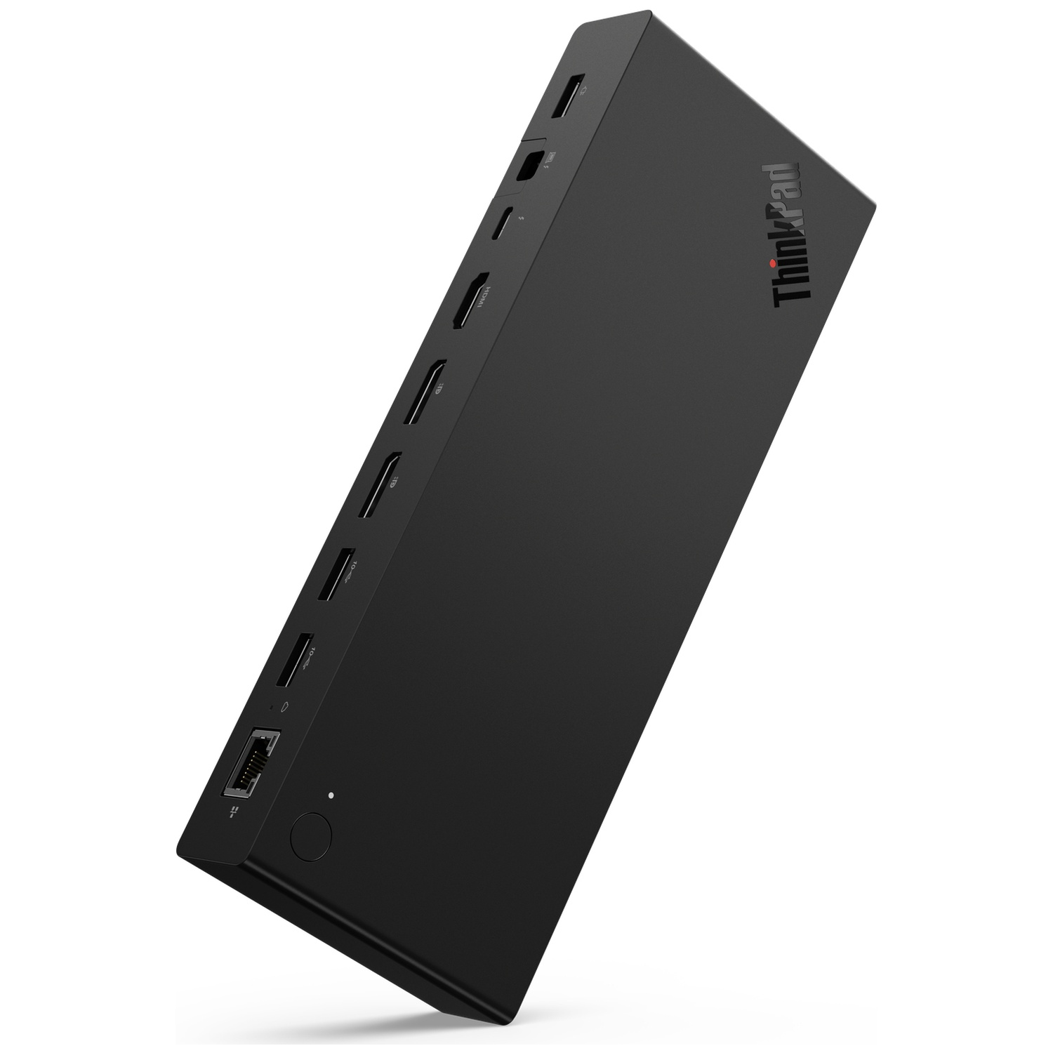 Une station d'accueil ThinkPad noire dotée de nombreux ports, d'un port Ethernet et d'un bouton d'alimentation.
