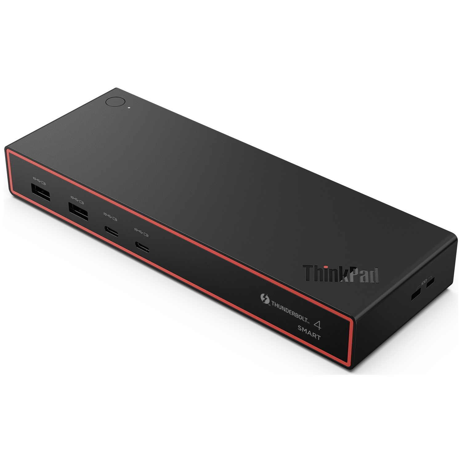 Station d'accueil intelligente Lenovo ThinkPad Thunderbolt 4 noire avec des accents rouges et plusieurs ports.