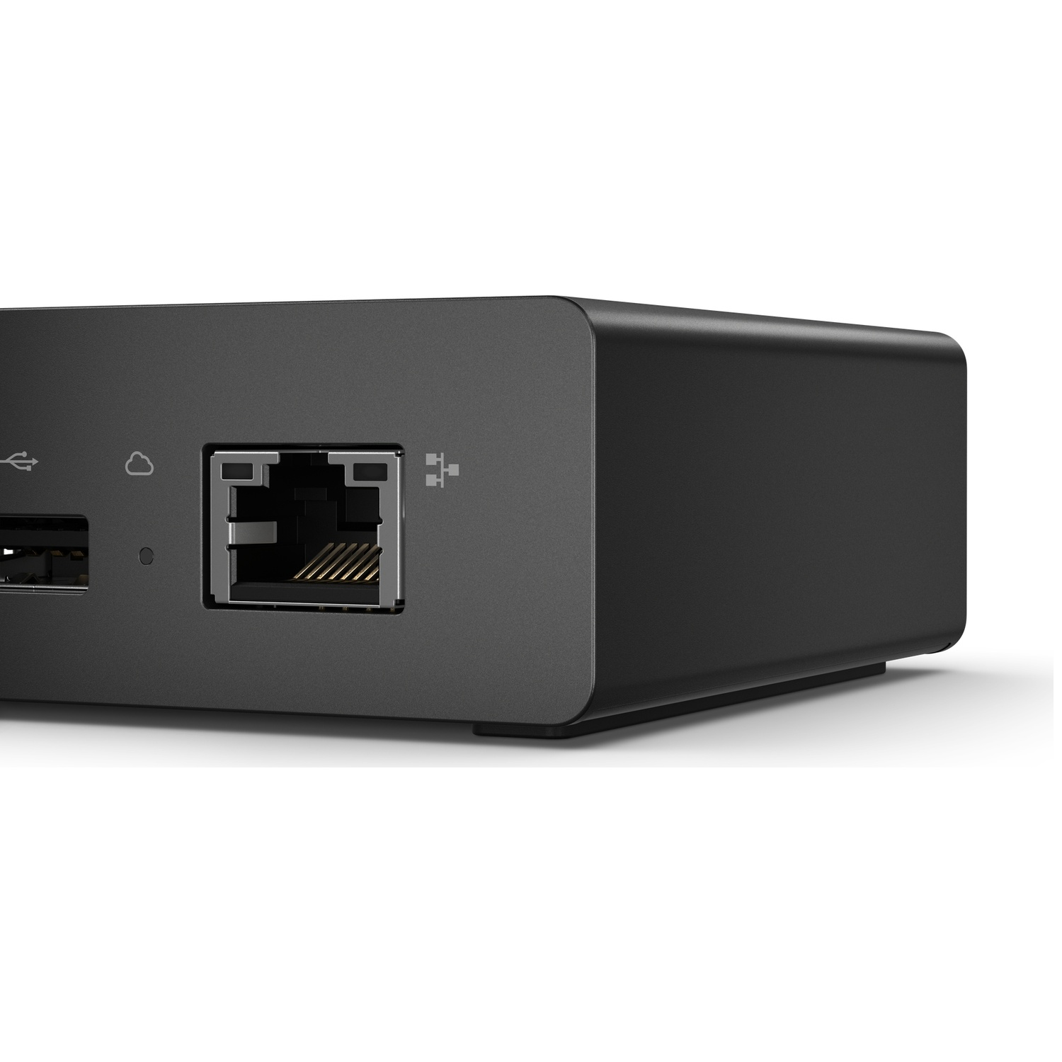 Vue latérale d'un appareil électronique noir avec un port Ethernet et des icônes.