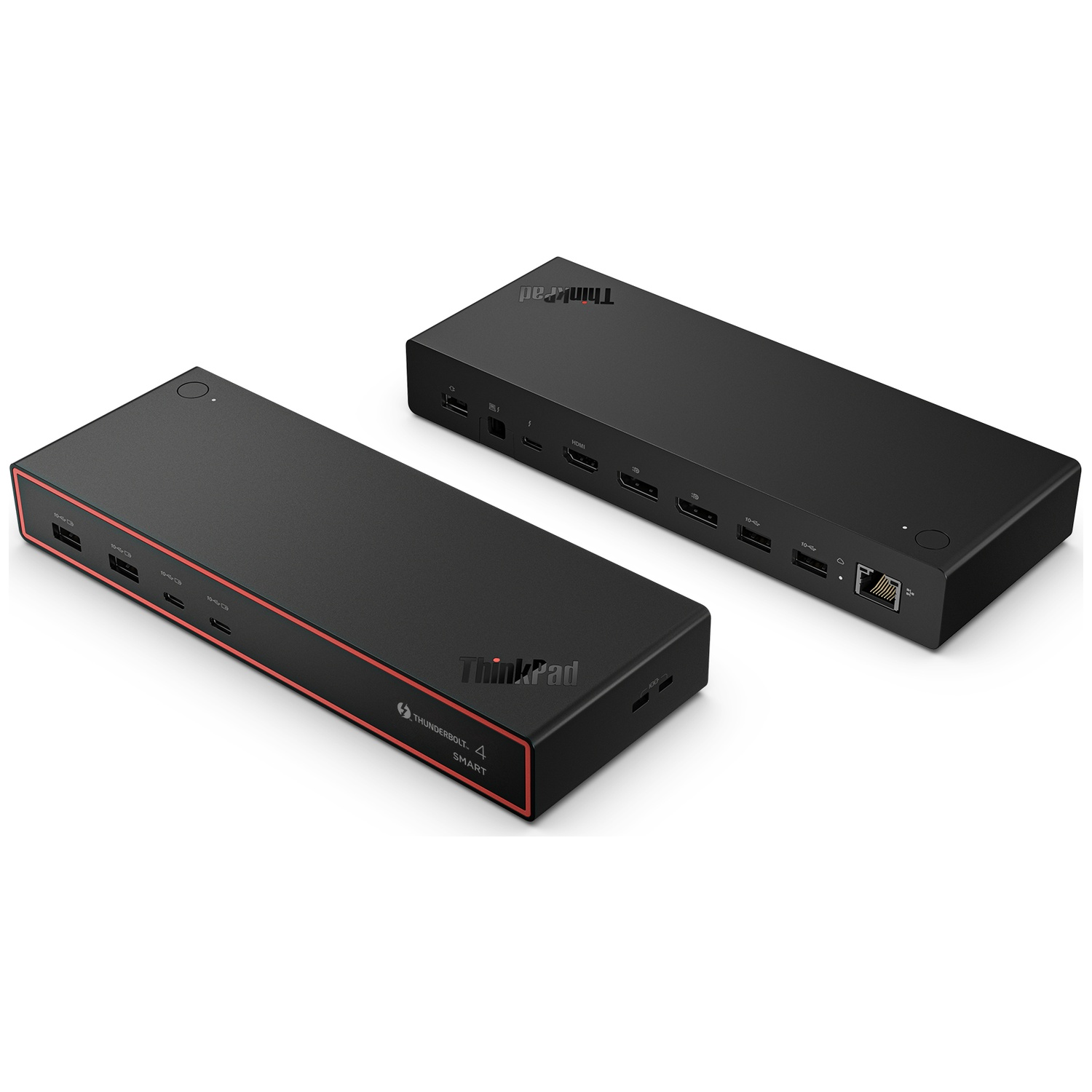 Deux stations d'accueil noires Lenovo ThinkPad Thunderbolt 4 sur fond blanc.