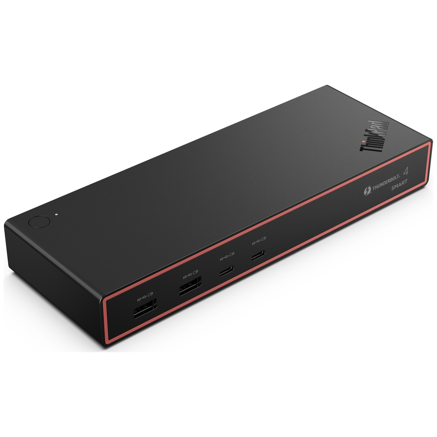 Station d'accueil intelligente Lenovo ThinkPad Thunderbolt 4 noire avec ports USB sur une surface blanche.
