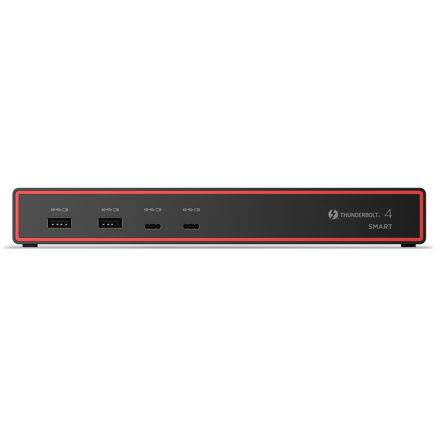 Vue de face d'une station d'accueil intelligente Thunderbolt 4 noire avec ports USB-A et USB-C, bordée de rouge.