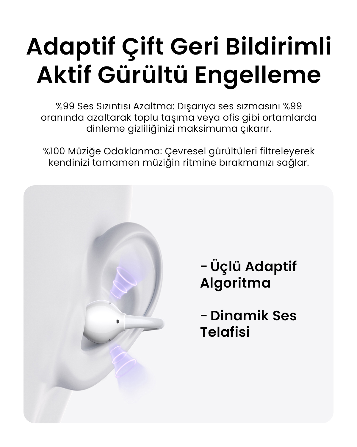 Aktif gürültü engelleme özelliklerini anlatan Türkçe metin ve kulakta mor ses dalgalı bir kulaklık.