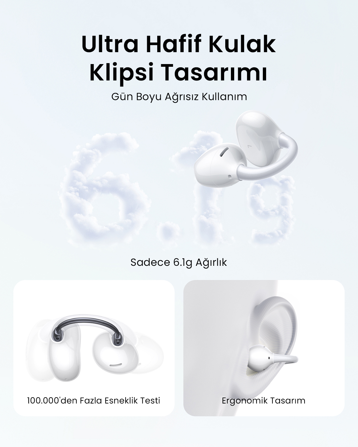 Ultra hafif kulak klipsi kulaklık reklamı, 6.1g ağırlık, esneklik testleri ve ergonomik tasarım.