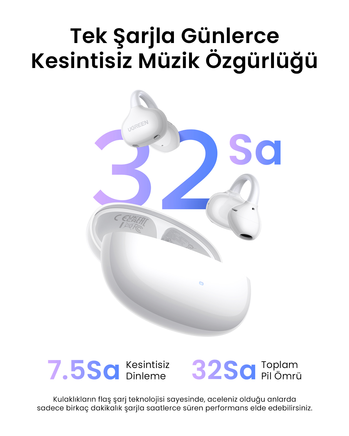 32 saat pil ömrünü tanıtan Türkçe metin ve şarj kutulu beyaz kablosuz kulaklıklar.