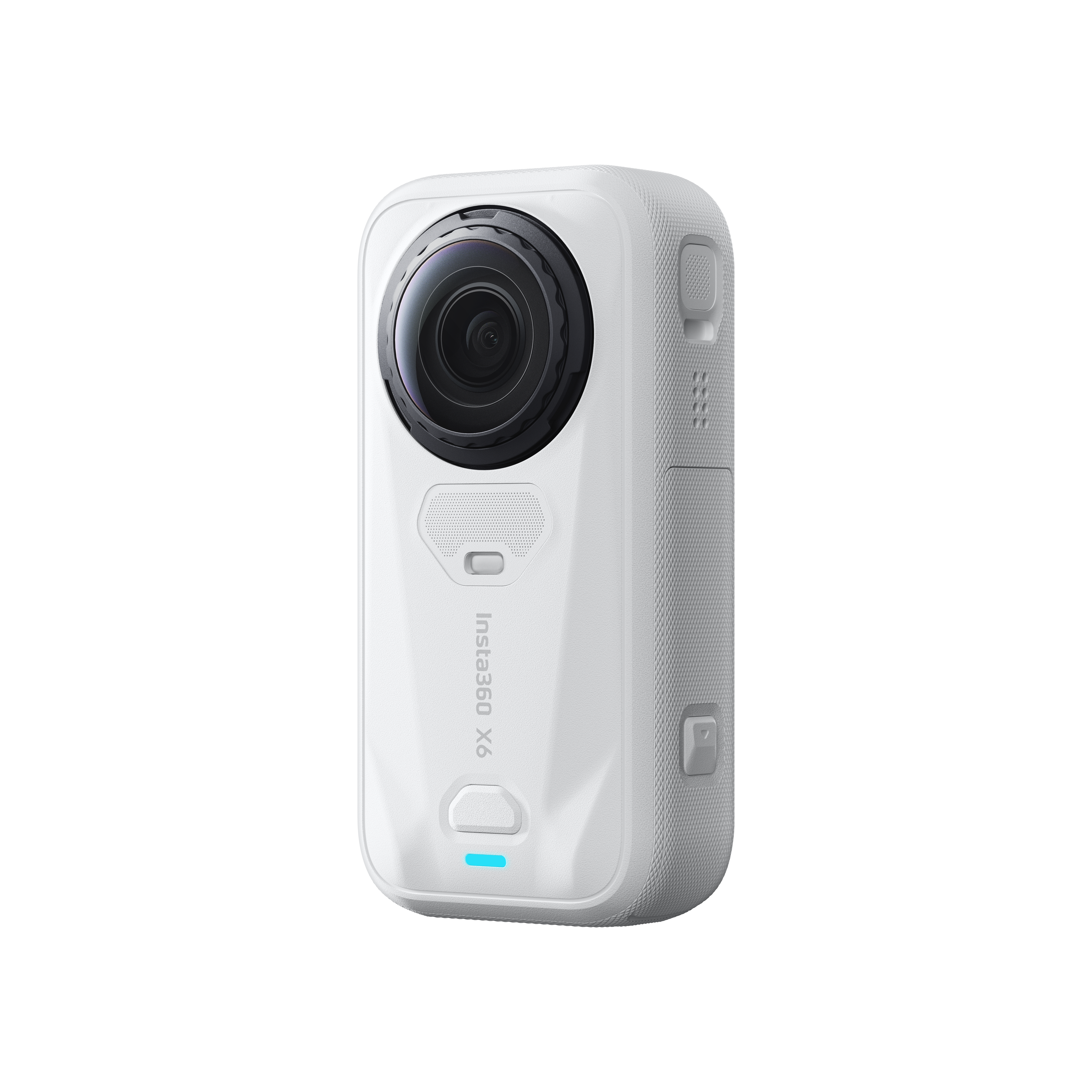 Eine weiße Insta360 X6 Action-Kamera mit runder Linse vor schwarzem Hintergrund.