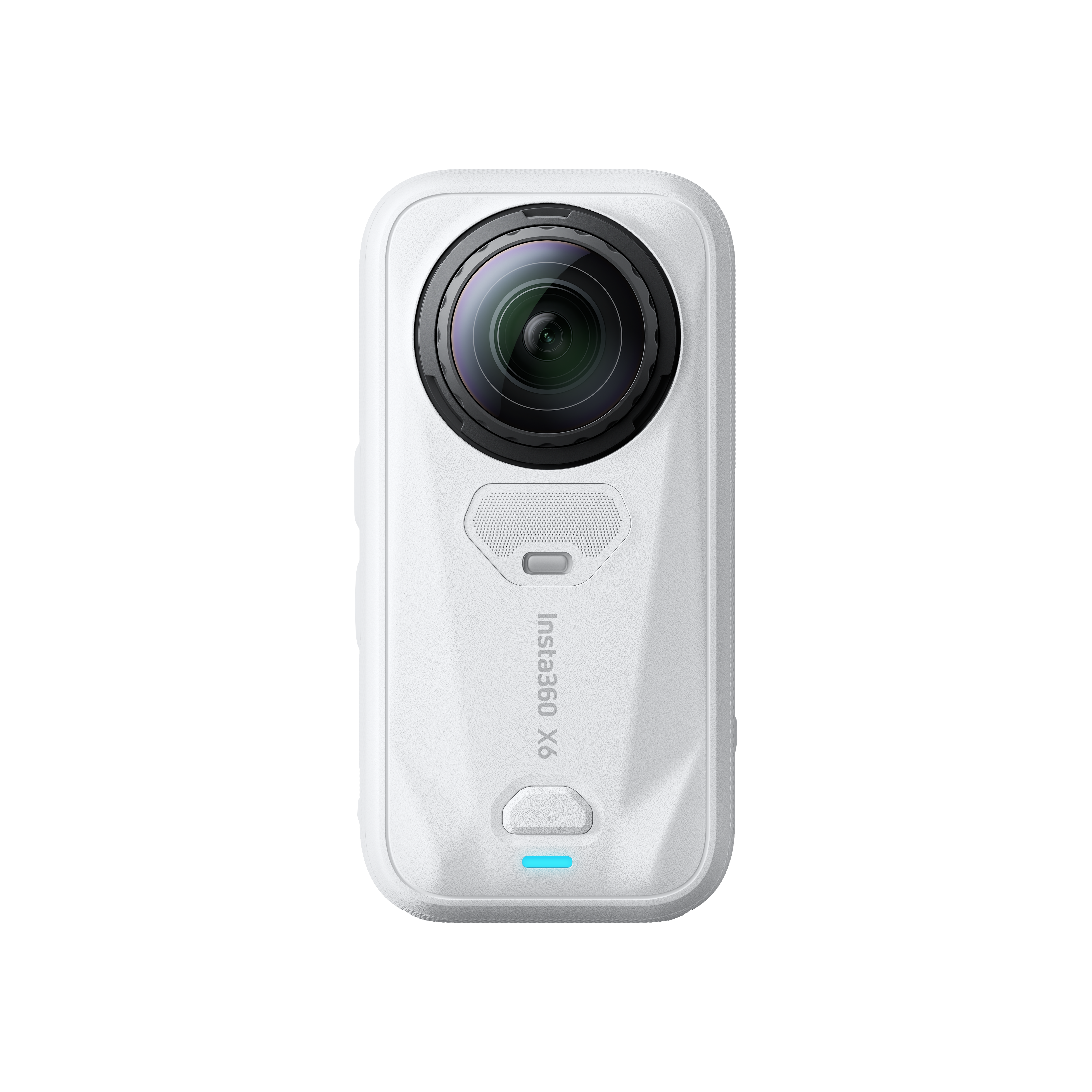 Weiße Insta360 X6 Kamera mit großer Linse auf schwarzem Grund.