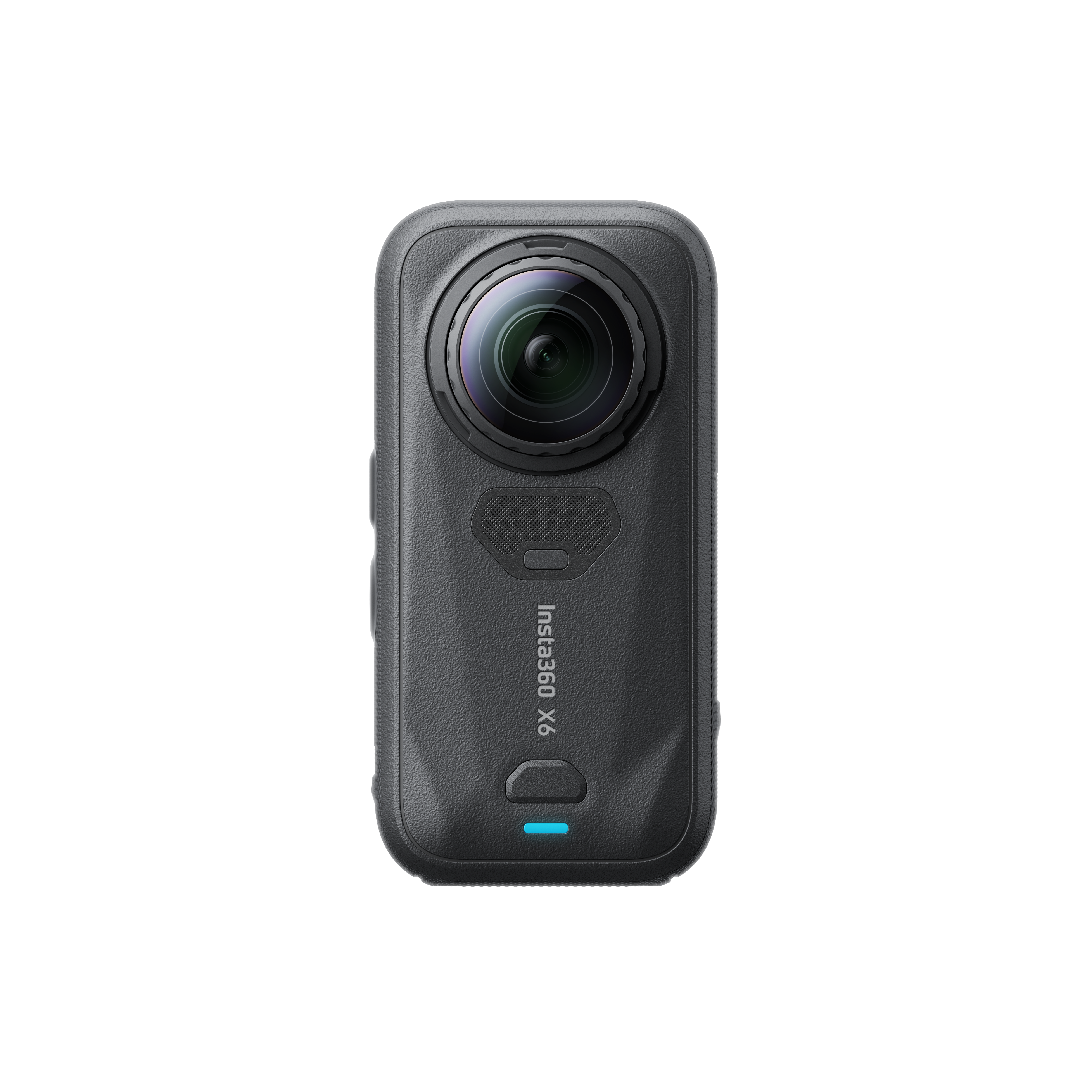 Eine schwarze Insta360 X4 Action-Kamera mit großer Rundum-Linse und blauem LED-Licht auf schwarzem Hintergrund.