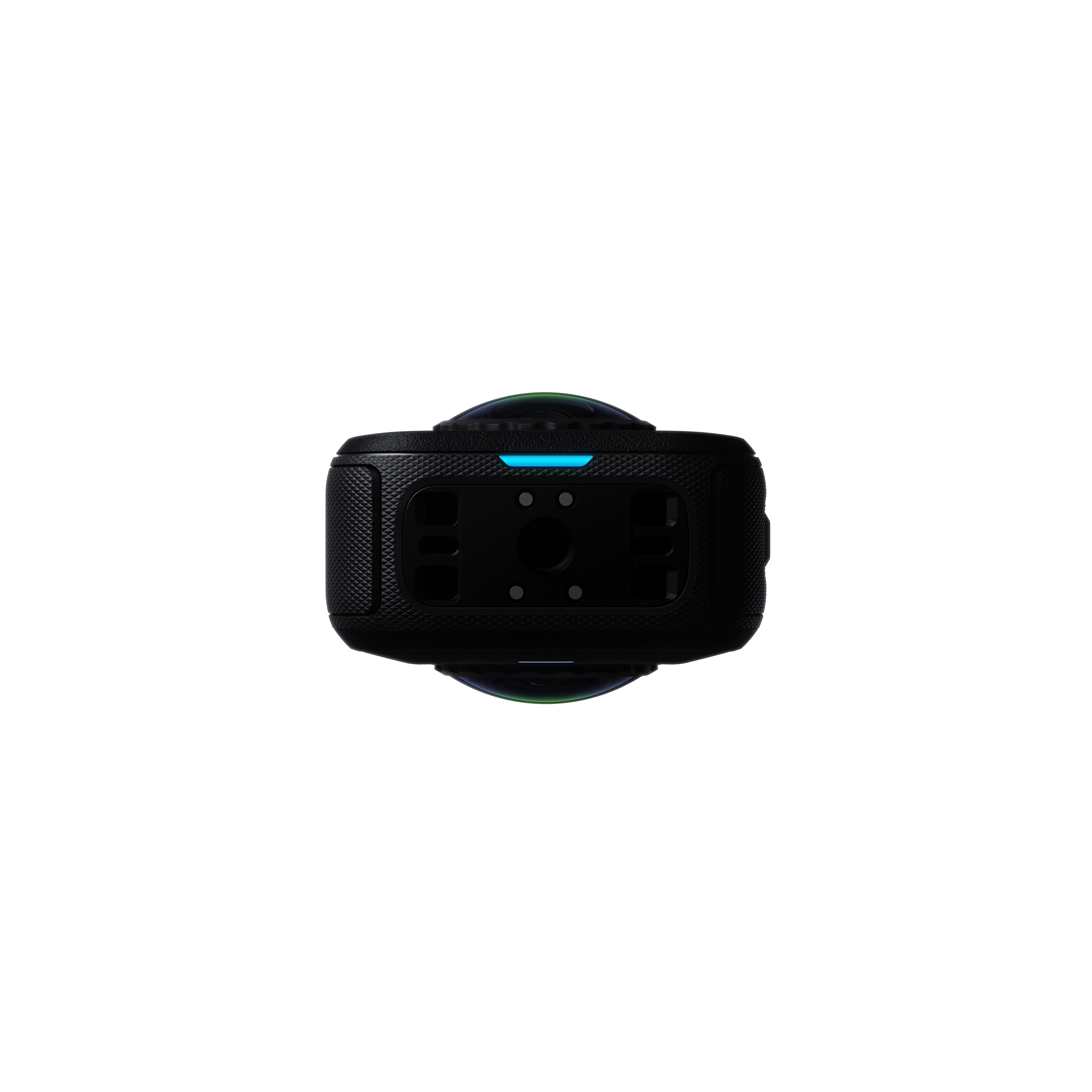 Schwarze 360-Grad-Kamera von unten auf weißem Grund.