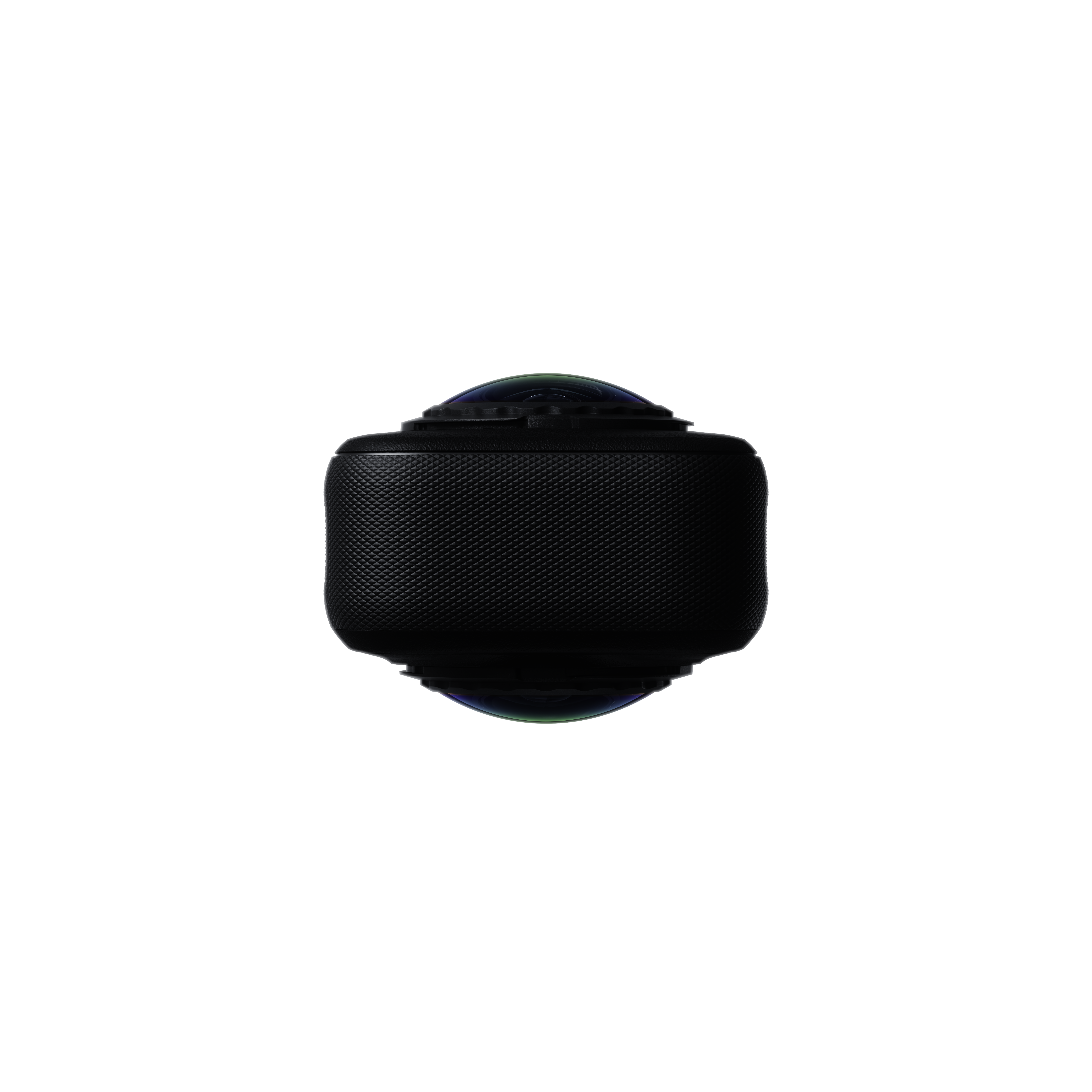 Eine schwarze 360-Grad-Kamera mit Textur, zwei Kameralinsen und weichem Licht auf weißem Hintergrund.