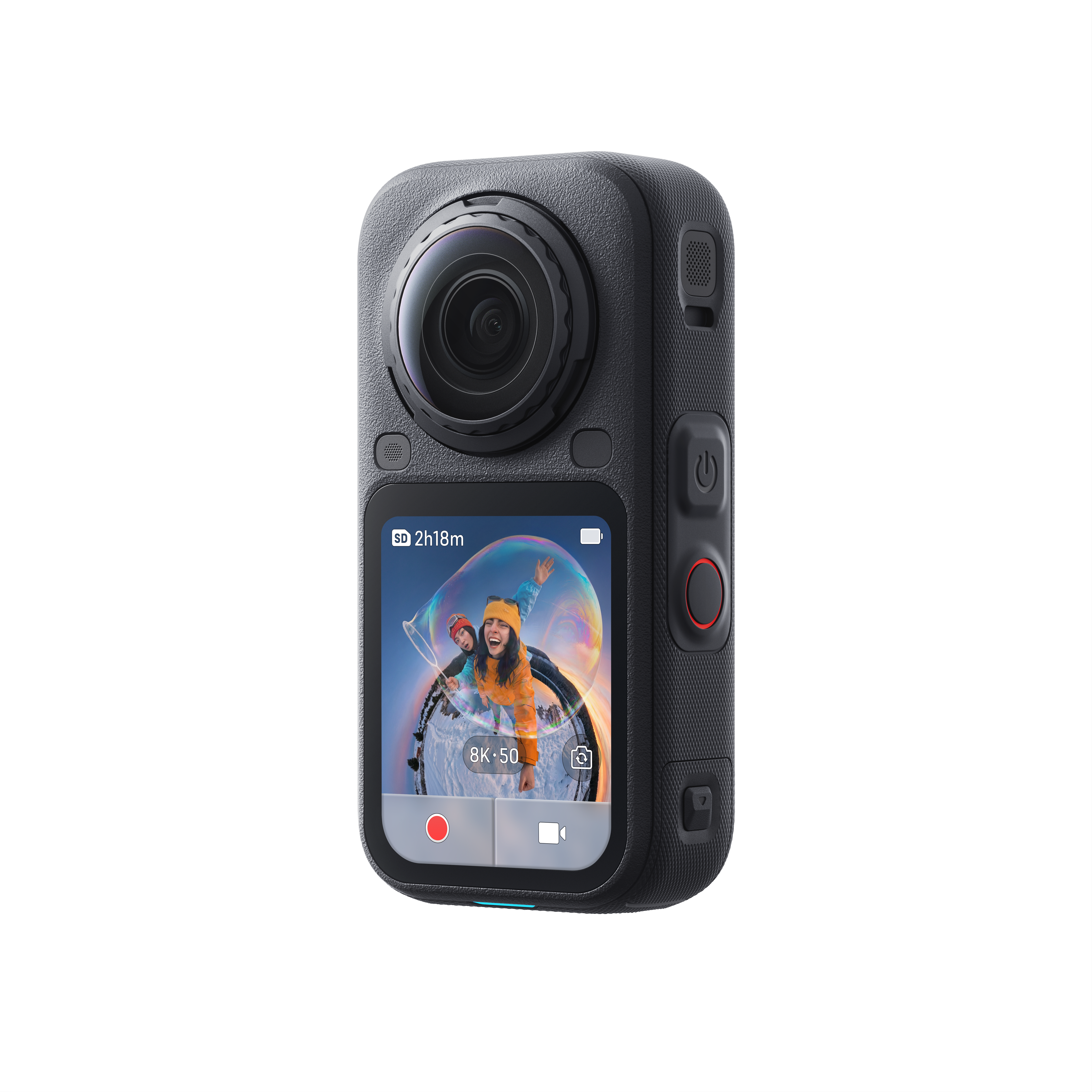 Eine schwarze Action-Kamera mit Linse und Display, das Personen mit einer Riesenblase zeigt.