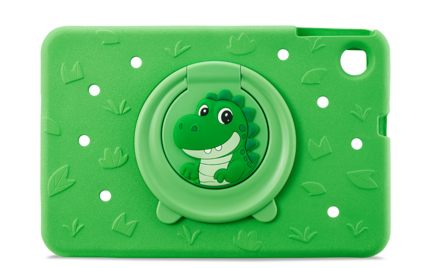 Egy zöld, gyermekbarát tablettok rajzfilm dinoszaurusz állvánnyal és dombornyomott levélmintákkal.