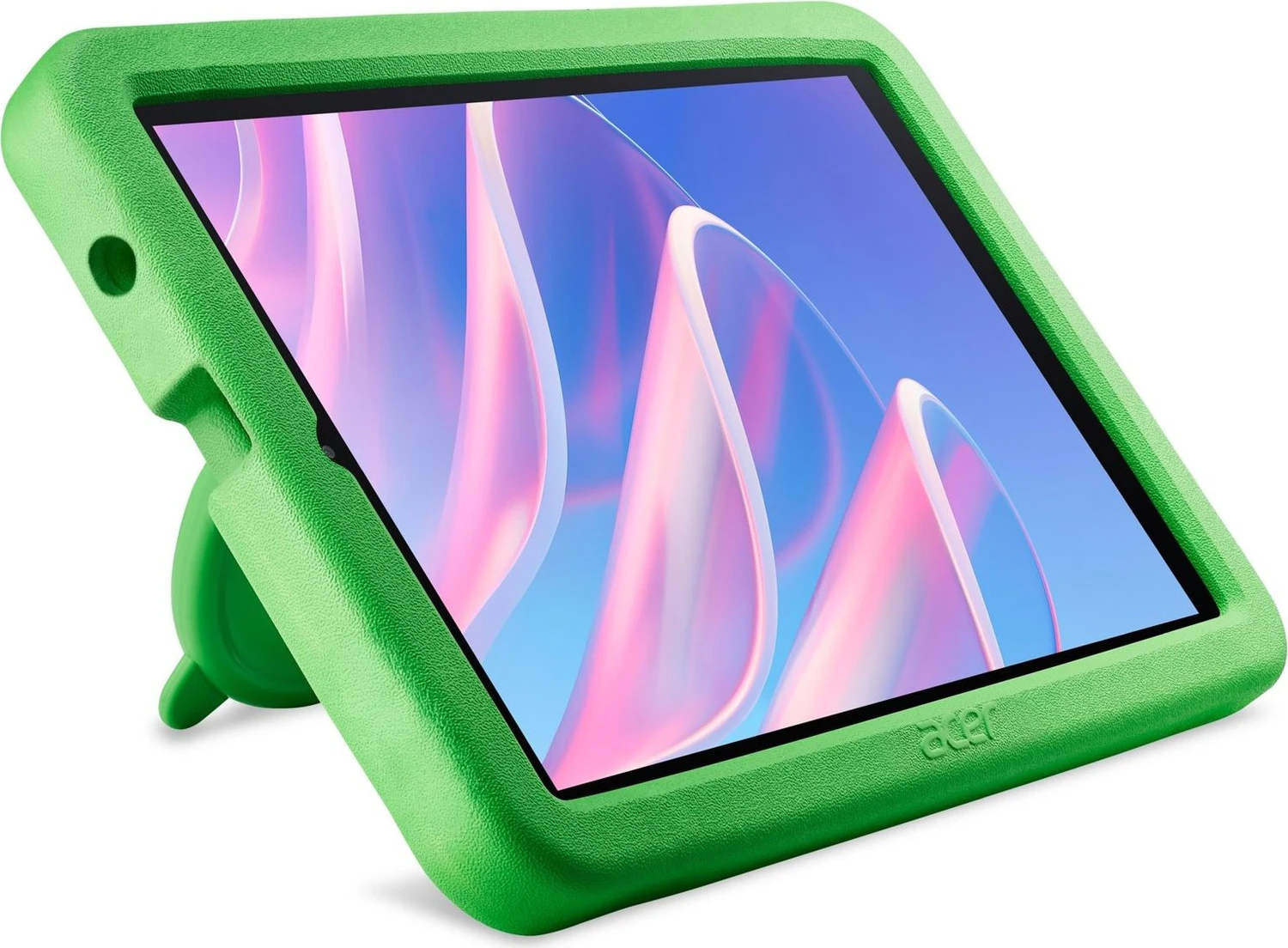 Egy zöld védőtokos tablet fehér alapon áll, absztrakt rózsaszín-kék háttérképpel a kijelzőn.