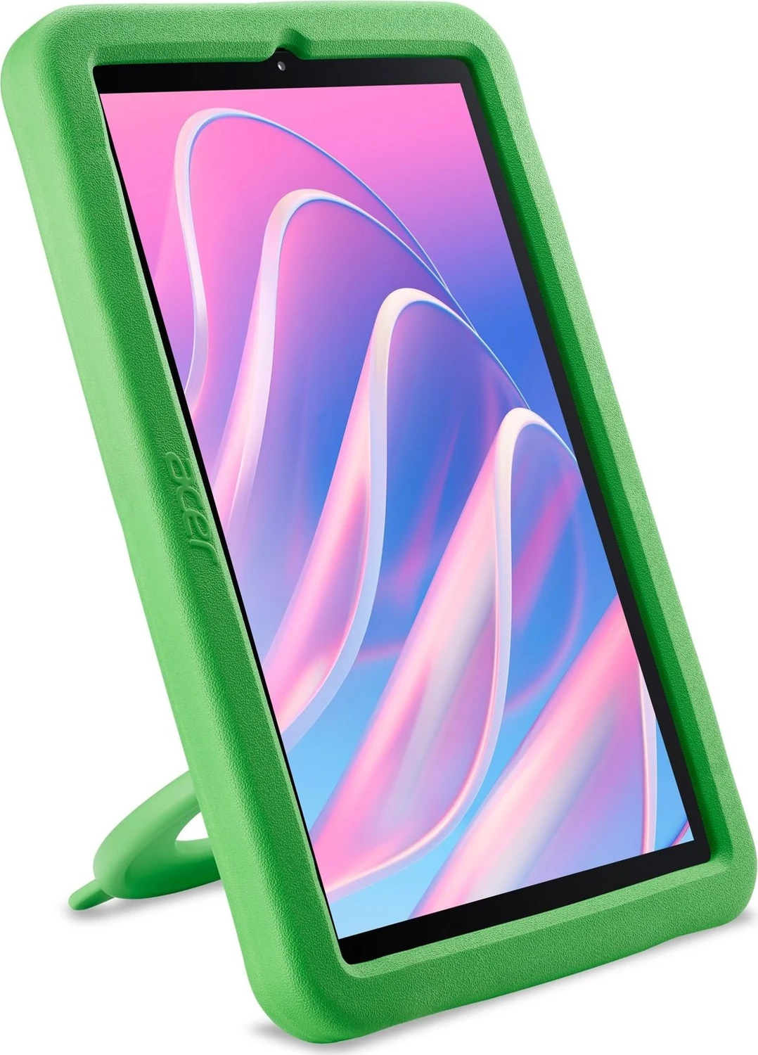 Zöld tablet védőtokban állvánnyal, a képernyőjén elvont rózsaszín-kék mintával.