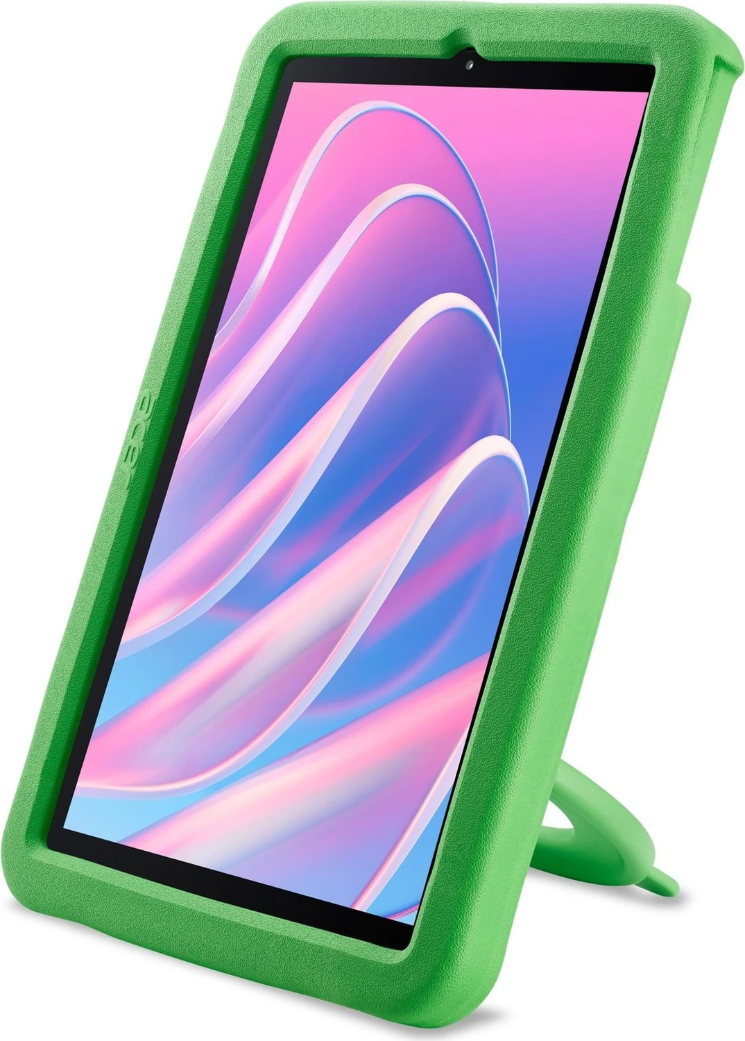 Egy tablet zöld védőtokban, beépített állvánnyal és színes hullámokkal a képernyőn.