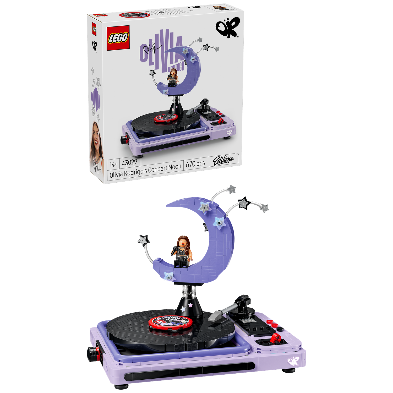 Lego set of Olivia Rodrigo's concert moon with turntable and minifigure.