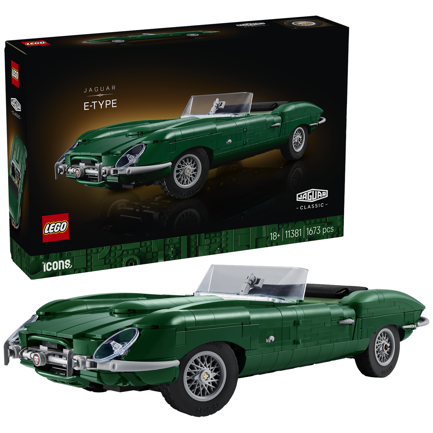A green LEGO Icons Jaguar E-Type model car in front of its product box on a black background.