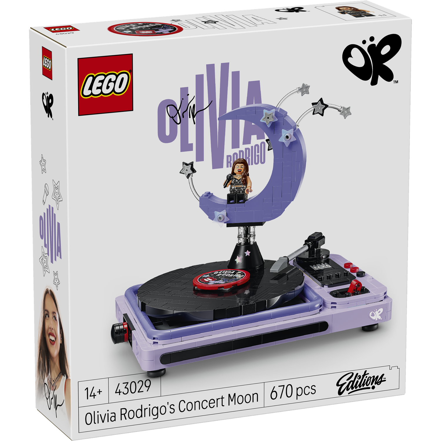 Lego set box for Olivia Rodrigo's Concert Moon featuring a purple crescent moon and a turntable.