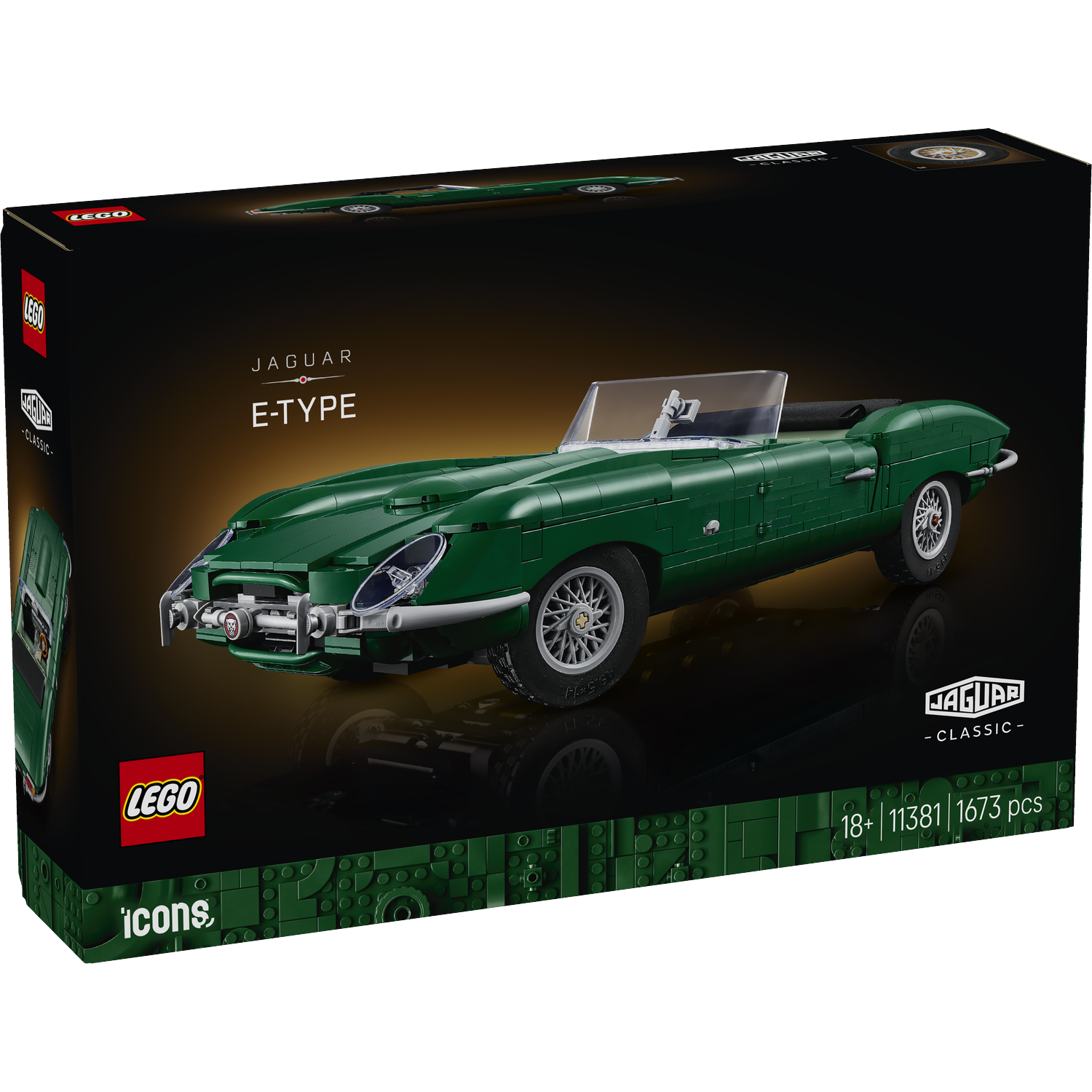 LEGO Icons Jaguar E-Type set box featuring a green model.