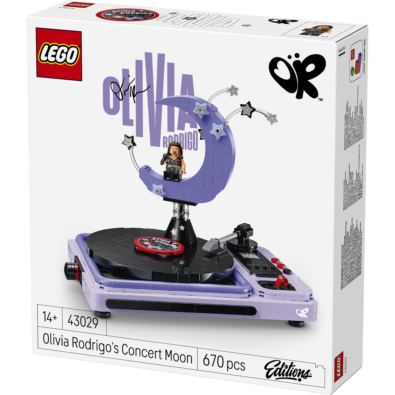 A LEGO box for Olivia Rodrigo's Concert Moon set, featuring a purple turntable and a mini figure.