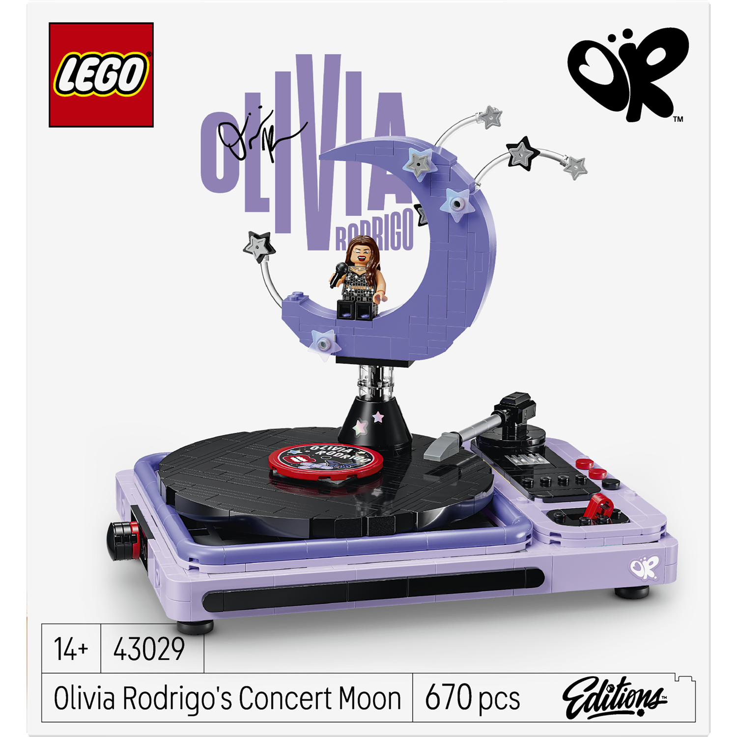 Lego set of Olivia Rodrigo's Concert Moon featuring a turntable, minifigure, and stars.