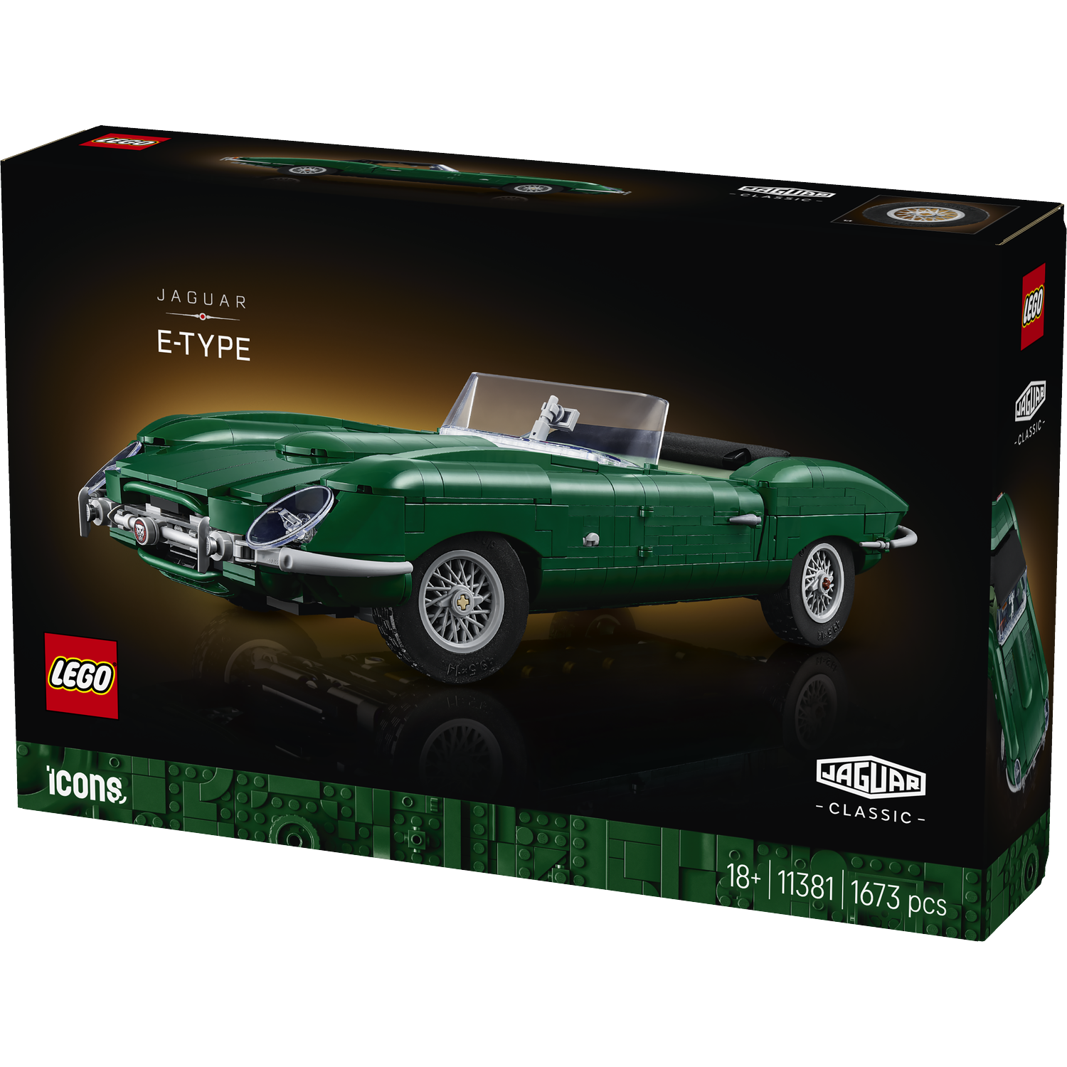 Black Lego Icons box featuring a built green Jaguar E-Type model car.