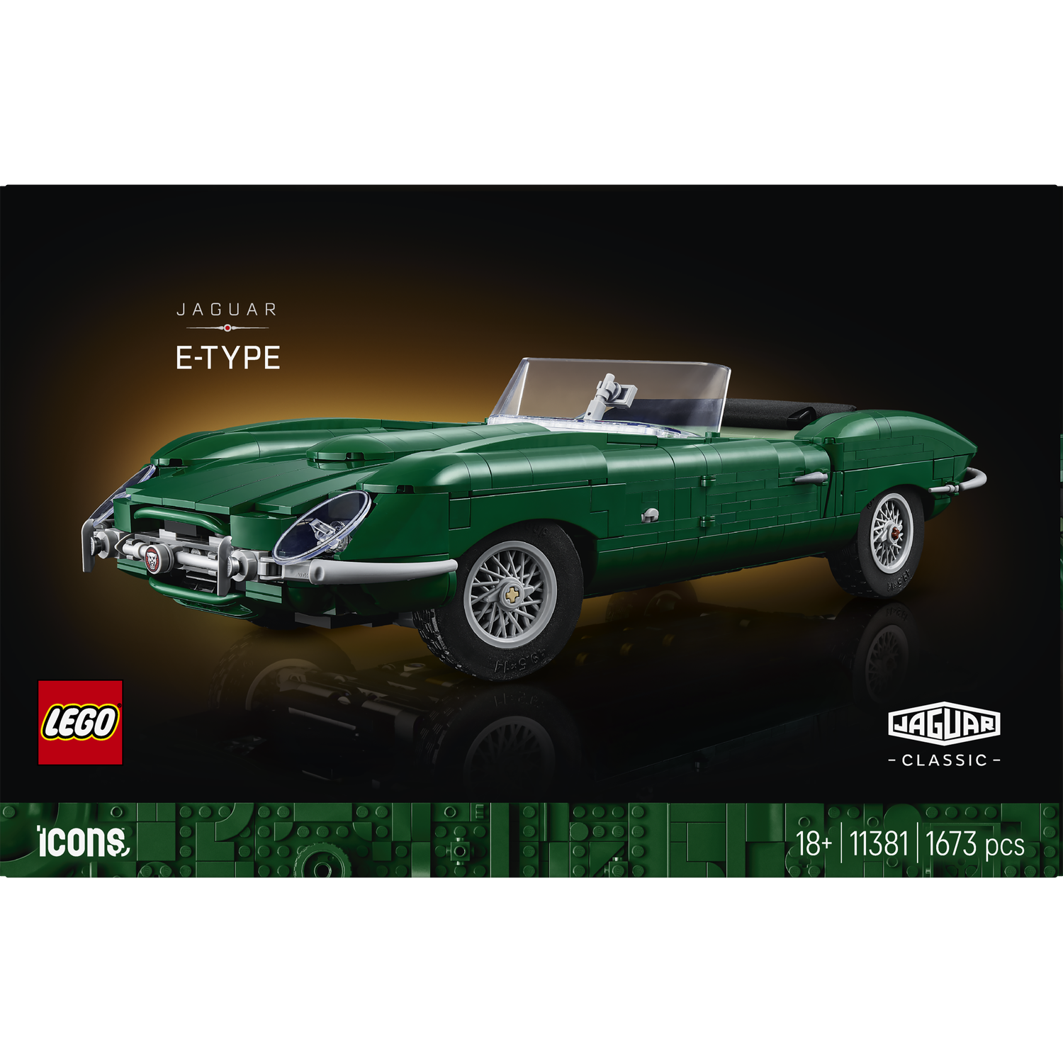 A green Lego Jaguar E-Type model car on a black background with logos.