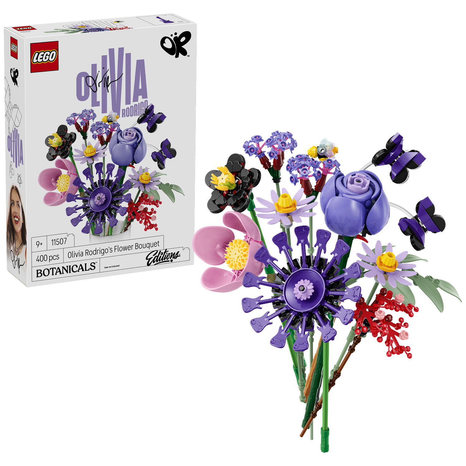 Lego Botanicals Olivia Rodrigo bloemenboeket set naast de productdoos op een zwarte achtergrond.
