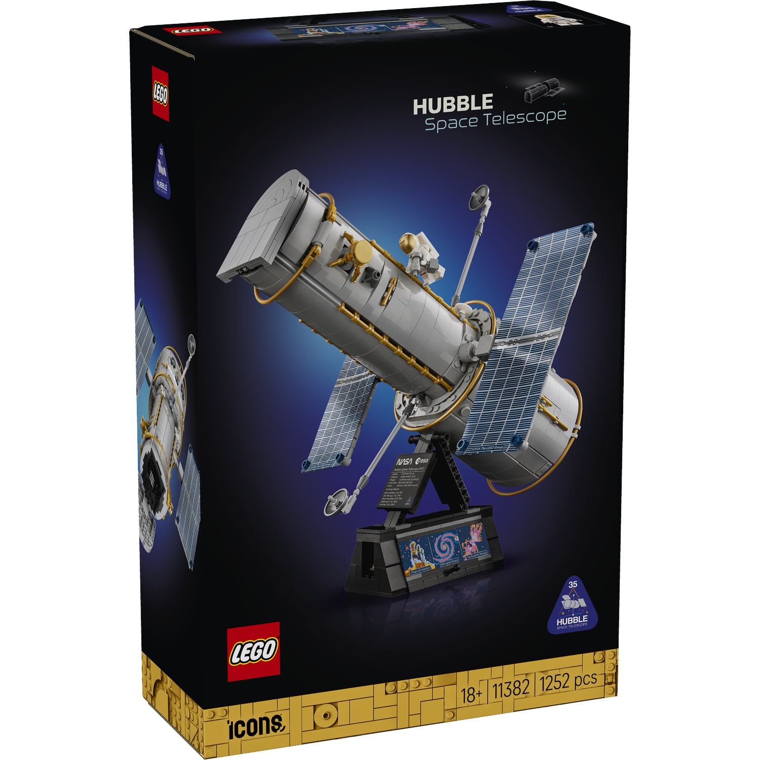 Lego Icons set displaying the Hubble Space Telescope with solar panels and a stand.