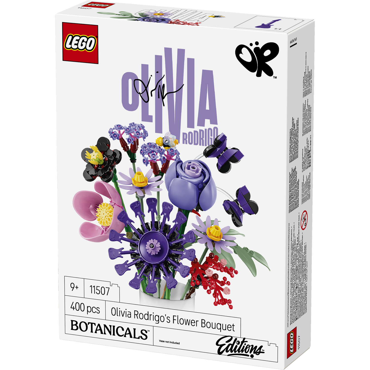 Verpakking van de Lego Botanicals Olivia Rodrigo bloemenboeket set met diverse kleurrijke Lego bloemen.
