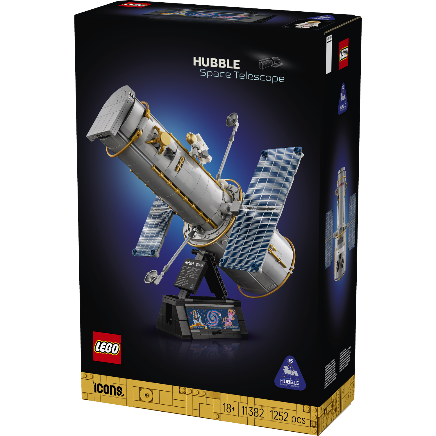 LEGO Icons Hubble Space Telescope box showing the assembled grey and blue satellite model on a stand.