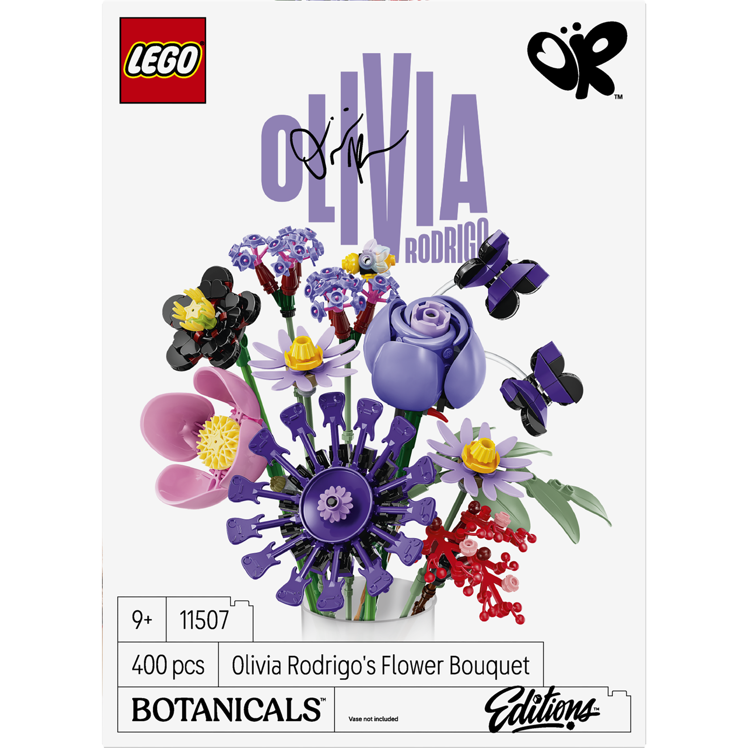 Lego Olivia Rodrigo bloemenboeket doos met kleurrijke stenen, paarse rozen en vlinders.