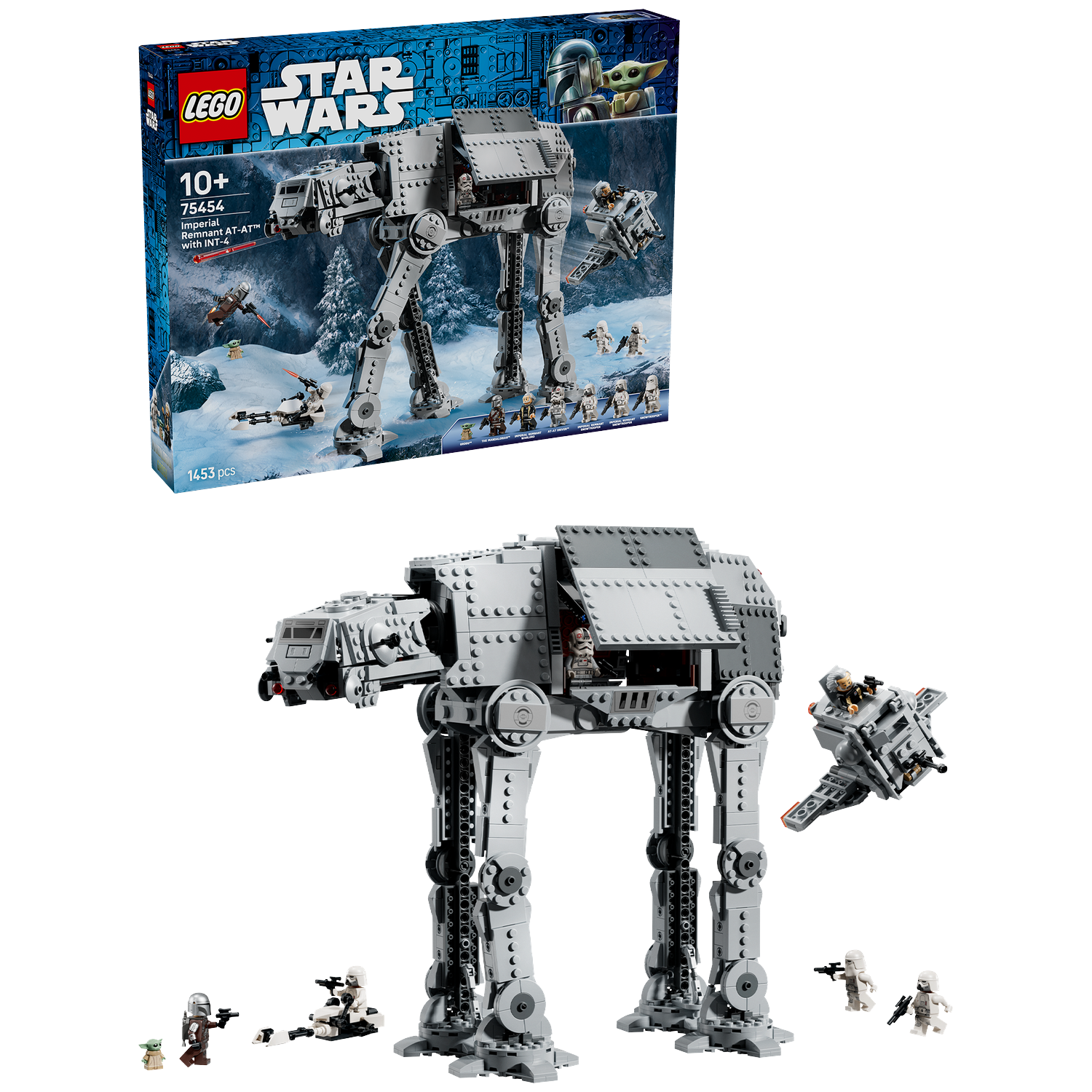 Lego Star Wars AT-AT set featuring a gray walker, minifigures, and a speeder against a black background.