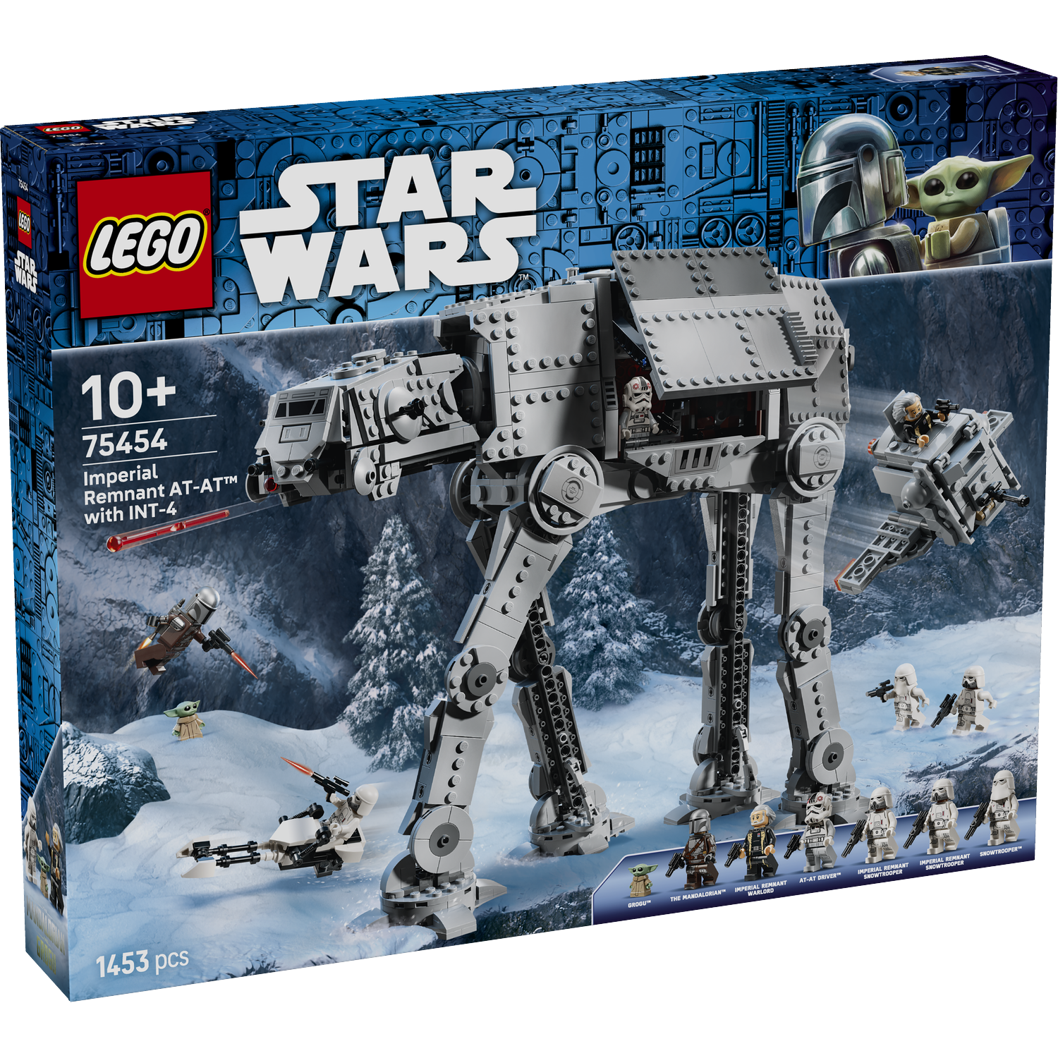 LEGO Star Wars Imperial Remnant AT-AT set displayed in a snowy winter landscape with minifigures.