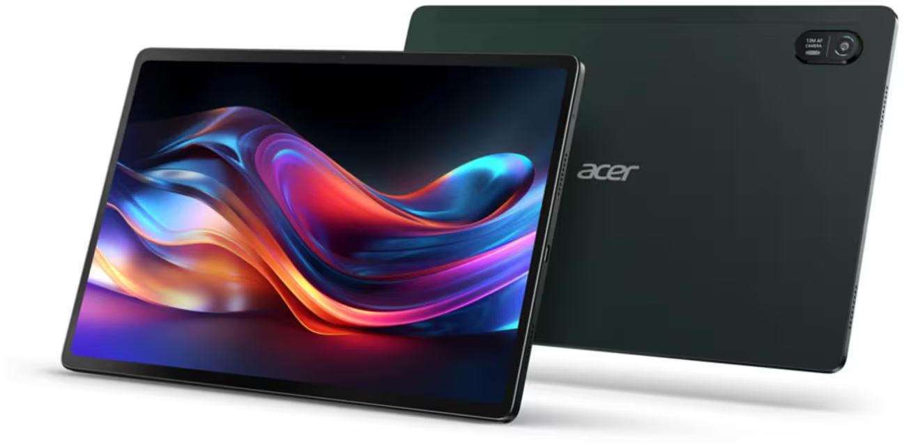 Fekete Acer táblagép színes hullámokkal a kijelzőn és a hátlapon.
