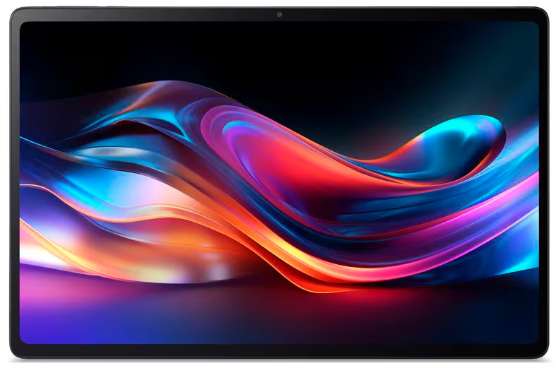 Egy tablet absztrakt, áramló hátteret mutat élénk kék, rózsaszín és narancssárga hullámokkal.