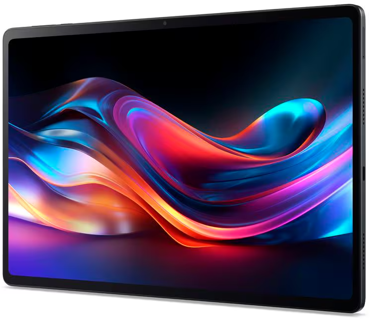 Egy tablet absztrakt, színes háttérrel, piros és kék íves vonalakkal.