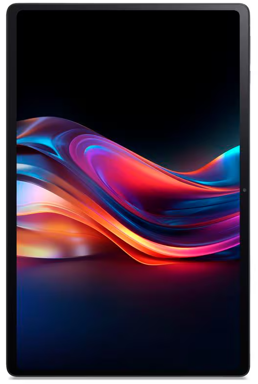 Egy fekete tablet színes, hullámos háttérrel kék, lila és narancssárga színekben.