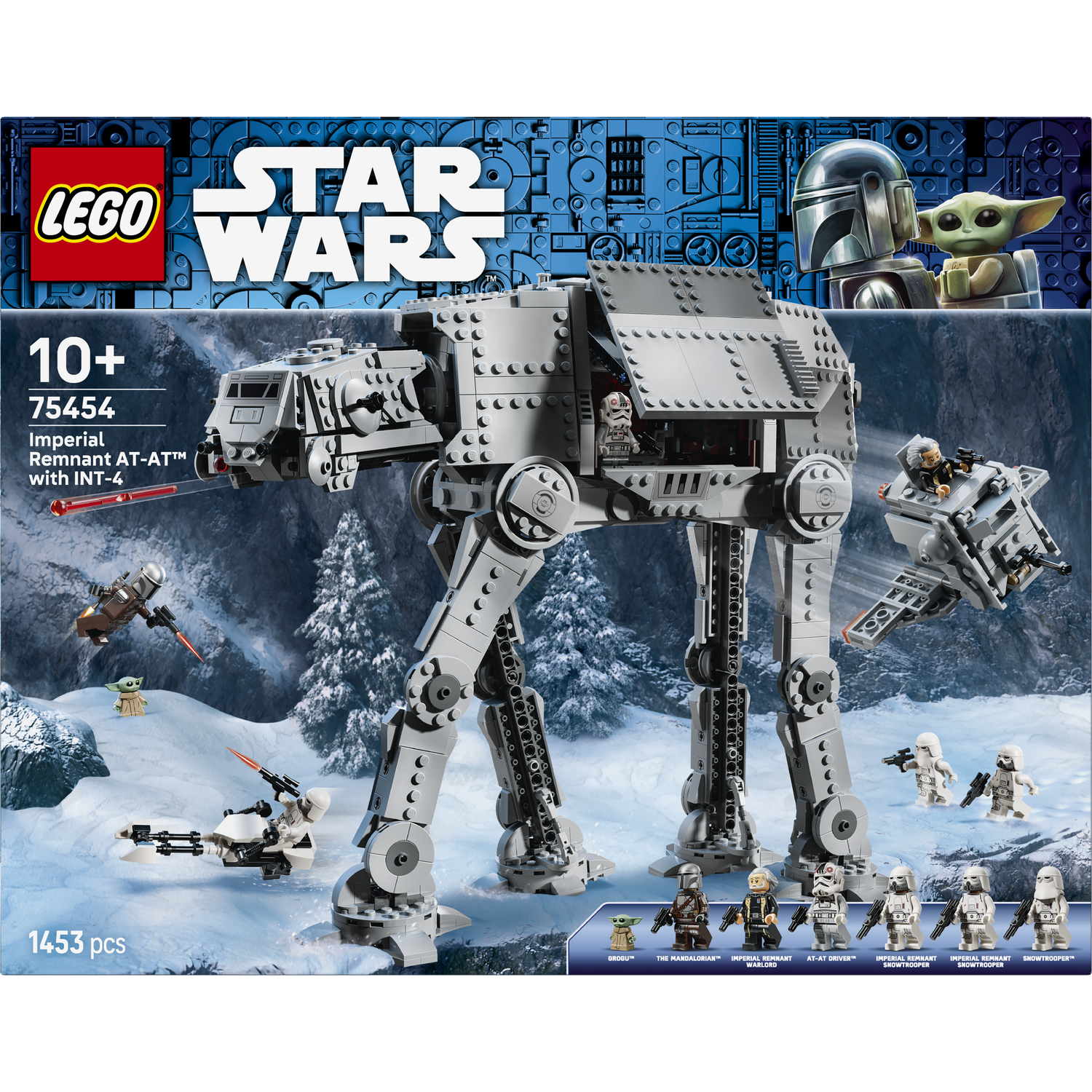 Lego Star Wars Imperial Remnant AT-AT set featuring minifigures, snow landscape background, and INT-4 walker.