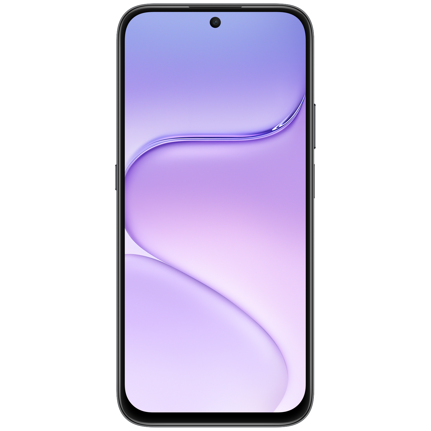A black smartphone displaying an abstract purple wavy wallpaper against a black background.