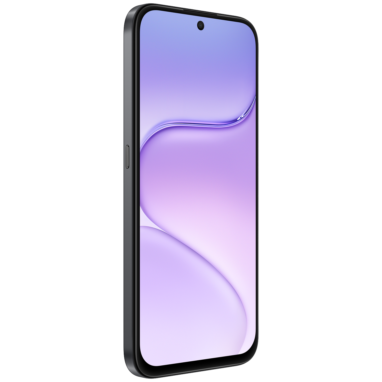 A black smartphone angled left with a light purple abstract background on its screen, set against a solid black backdrop.