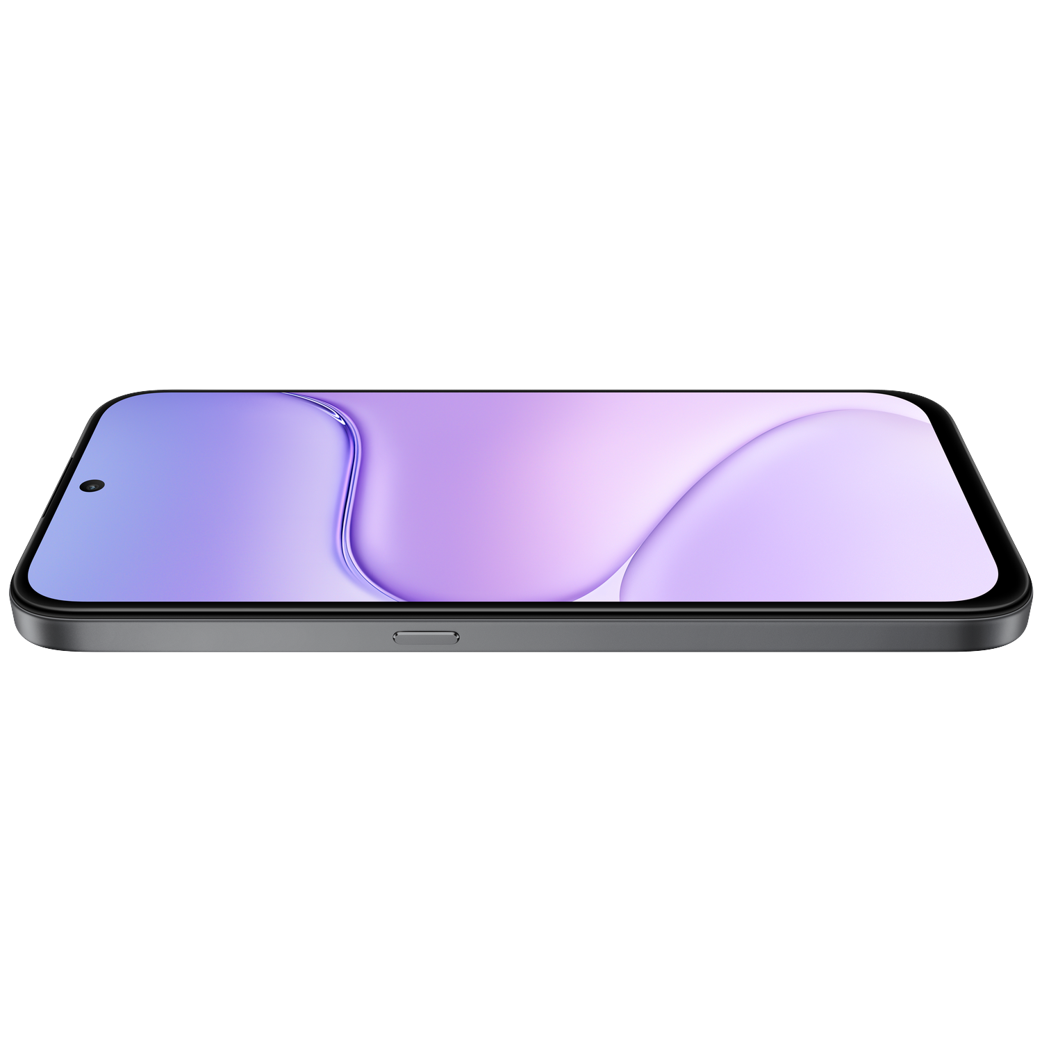 A smartphone shown from the side against a black background, featuring a vibrant purple and light blue wallpaper.