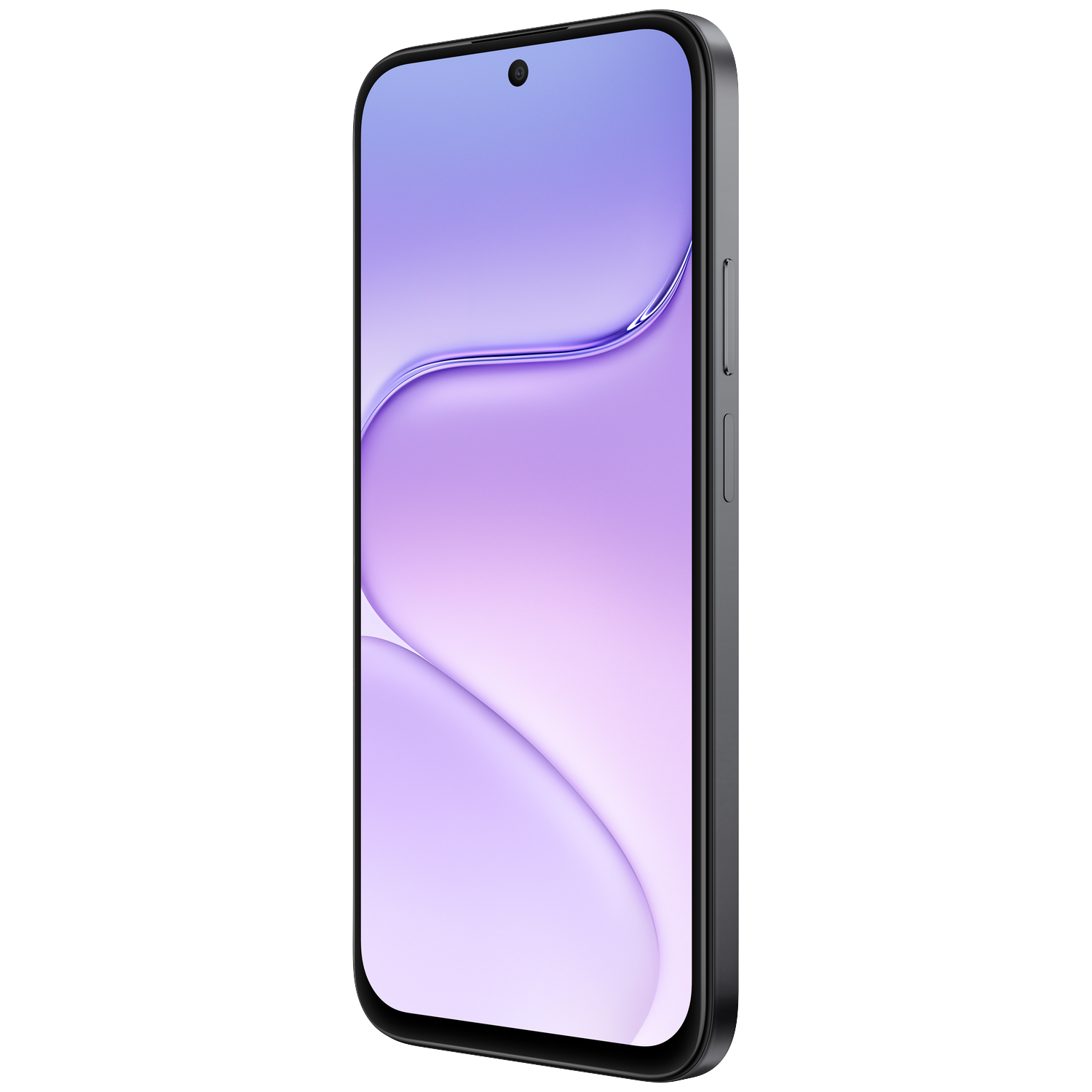 A smartphone angled right with a dark grey frame and a purple-blue abstract wallpaper on the screen.