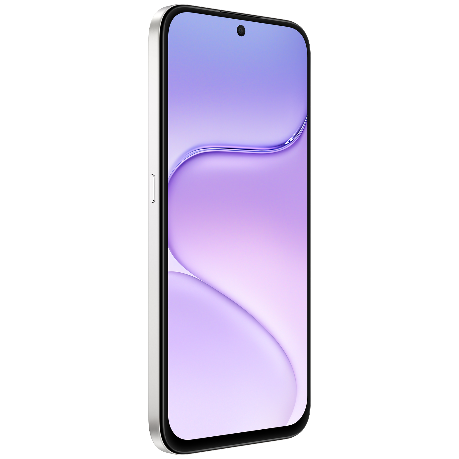 Een schuine witte smartphone toont een glad paars en blauw verloopbehang.