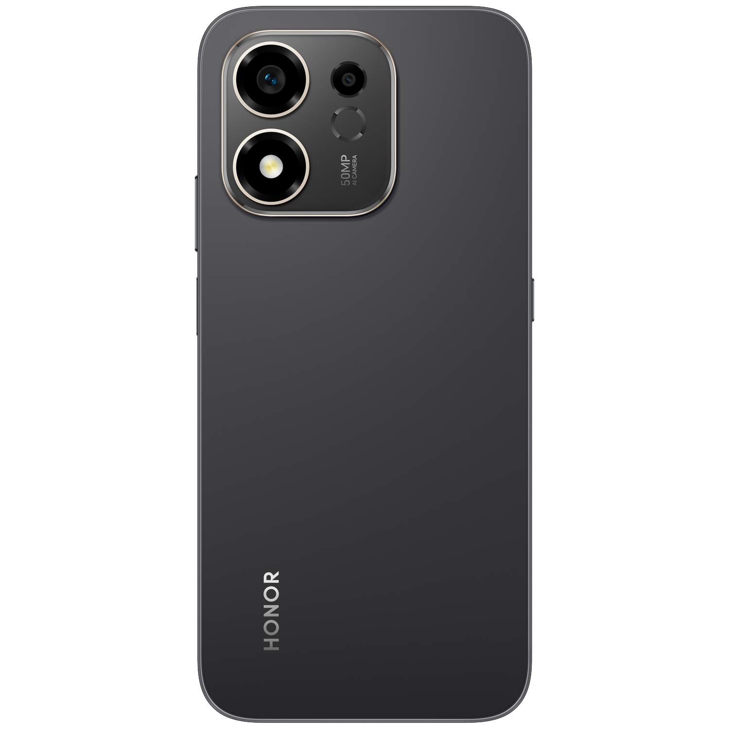 Back of a gray HONOR smartphone with two round camera modules in the upper left and the HONOR logo at the bottom.